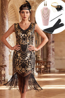 Laden Sie das Bild in den Galerie-Viewer, Schwarzes goldenes V-Ausschnitt Pailletten Bodycon Perlen Fransen Midi 20er Jahre Kleid und fünfteiliger Accessoire-Set