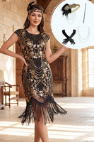 Laden Sie das Bild in den Galerie-Viewer, Schwarzes goldenes Rundhalsiges Pailletten Fransen Bodycon Midi 20er Jahre Kleid mit vierteiligem Accessoire-Set