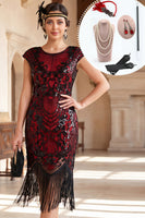 Laden Sie das Bild in den Galerie-Viewer, Schwarzes Rotes Rundhalsiges Pailletten Bodycon Fransen Midi 20er Jahre Kleid mit fünfteiligen Accessoires-Set