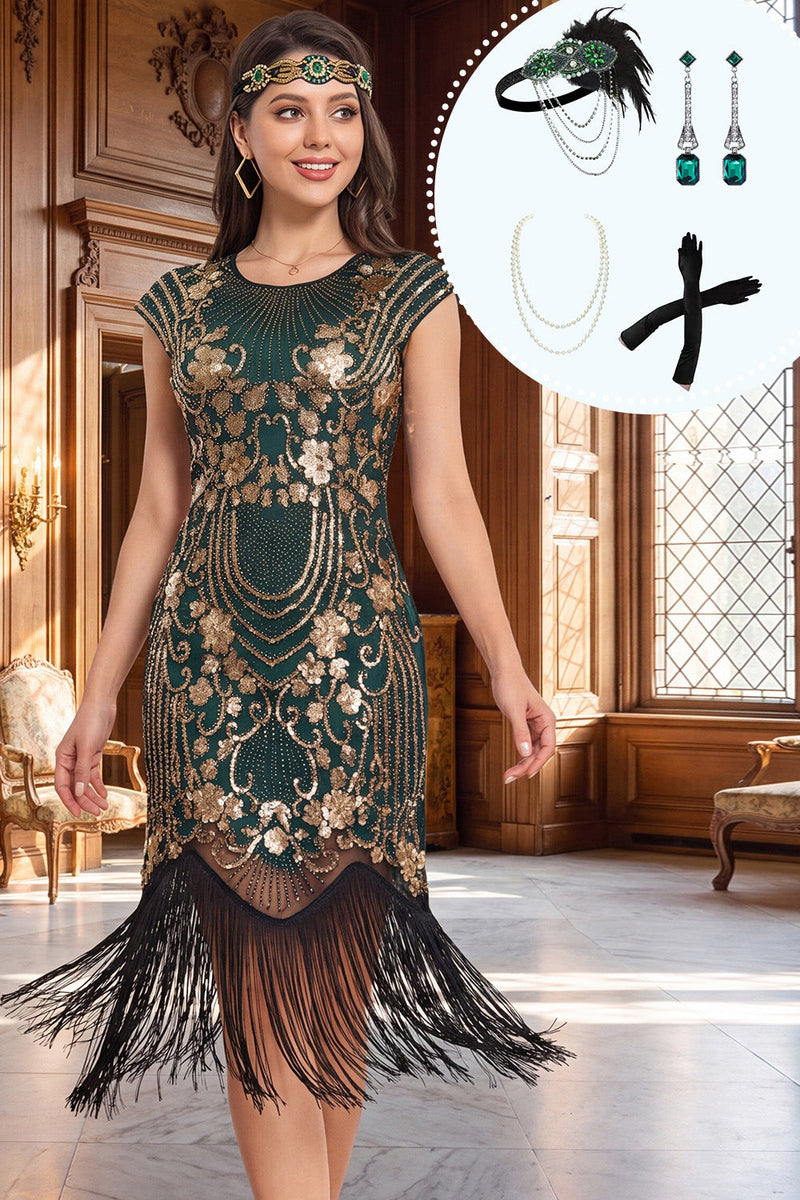 Laden Sie das Bild in den Galerie-Viewer, Grünes goldenes Rundhalsiges Pailletten Fransen 20er Jahre Kleid mit vierteiligem Accessoire-Set