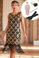Laden Sie das Bild in den Galerie-Viewer, Schwarzes goldenes Rundhalsiges Pailletten 20er Jahre Kleid mit 5-teiligen Accessoires-Set