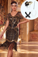 Laden Sie das Bild in den Galerie-Viewer, Schwarzes goldenes V-Ausschnitt-Pailletten-Bodycon Midi-Kleid aus den 1920er Jahren mit fünfteiligem Accessoire-Set