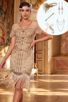 Laden Sie das Bild in den Galerie-Viewer, Aprikosen-V-Ausschnitt-Pailletten Bodycon Midi-Kleid aus den 1920er Jahren mit fünfteiligen Accessoires