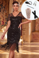 Laden Sie das Bild in den Galerie-Viewer, Schwarzes V-Ausschnitt-Pailletten-Bodycon Midi-Kleid aus den 1920er Jahren mit fünfteiligen Accessoires