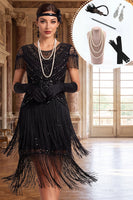 Laden Sie das Bild in den Galerie-Viewer, Rundhals schwarzer Pailletten, gestufter Fransenscheide aus den 1920er Jahren Kleid mit 5-teiligen Accessoires Set
