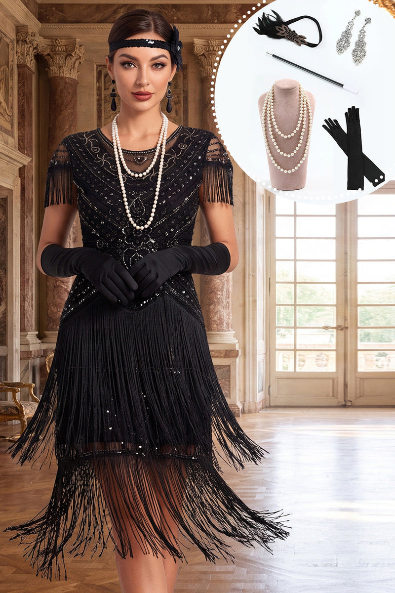 Laden Sie das Bild in den Galerie-Viewer, Rundhals schwarzer Pailletten, gestufter Fransenscheide aus den 1920er Jahren Kleid mit 5-teiligen Accessoires Set