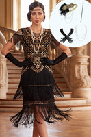 Laden Sie das Bild in den Galerie-Viewer, Schwarze goldene Rundhals-Scheide Pailletten mit gestuftem Fransen, Midi-Kleid der 1920er Jahre mit vierteiligem Accessoire-Set