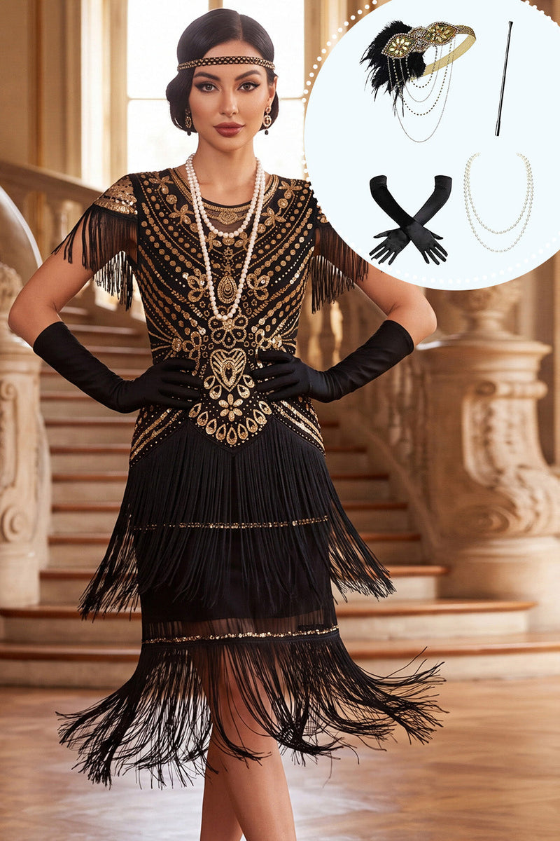 Laden Sie das Bild in den Galerie-Viewer, Schwarze goldene Rundhals-Scheide Pailletten mit gestuftem Fransen, Midi-Kleid der 1920er Jahre mit vierteiligem Accessoire-Set