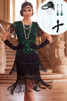 Laden Sie das Bild in den Galerie-Viewer, Schwarz-grünes, rundhalsiges Pailletten-Fransenkleid aus den 1920er Jahren mit vierteiligen Accessoires Set
