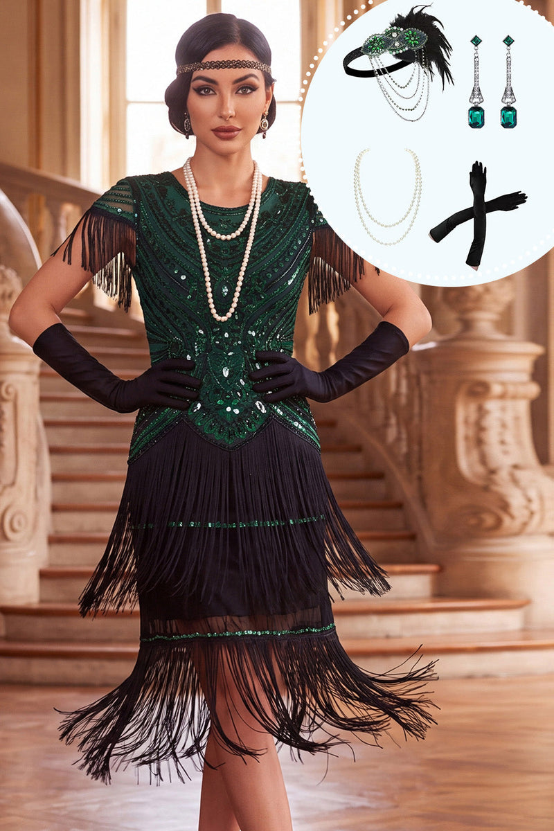 Laden Sie das Bild in den Galerie-Viewer, Schwarz-grünes, rundhalsiges Pailletten-Fransenkleid aus den 1920er Jahren mit vierteiligen Accessoires Set
