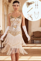 Laden Sie das Bild in den Galerie-Viewer, Aprikosenpailletten mit gestuftem Fransen, Spaghettiträger, Bodycon Kleid aus den 1920er Jahren mit fünfteiligem Accessoire-Set