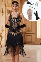 Laden Sie das Bild in den Galerie-Viewer, Schwarzes goldenes V-Ausschnitt-Pailletten-Spaghettiträger mit Scheidenmantel aus den 1920er Jahren Kleid mit 5-teiligen Accessoires Set