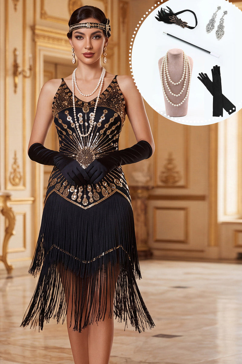 Laden Sie das Bild in den Galerie-Viewer, Schwarzes goldenes V-Ausschnitt-Pailletten-Spaghettiträger mit Scheidenmantel aus den 1920er Jahren Kleid mit 5-teiligen Accessoires Set