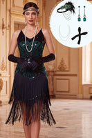 Laden Sie das Bild in den Galerie-Viewer, Schwarz-grünes Bodycon-Pailletten-Spaghetti-Träger mit Fransen 1920er-Jahre-Kleid und vierteiliger Accessoire-Set