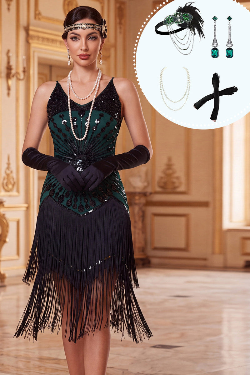 Laden Sie das Bild in den Galerie-Viewer, Schwarz-grünes Bodycon-Pailletten-Spaghetti-Träger mit Fransen 1920er-Jahre-Kleid und vierteiliger Accessoire-Set