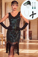 Laden Sie das Bild in den Galerie-Viewer, Glitzerndes schwarzes grünes V-Hals-Pailletten-Dress, Bodycon Kleid der 1920er Jahre mit vierteiligen Accessoires Set