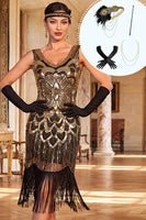 Laden Sie das Bild in den Galerie-Viewer, Schwarzer goldener V-Ausschnitt Pailletten Bodycon Kleid aus den 1920er Jahren mit vierteiligen Accessoires