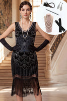 Laden Sie das Bild in den Galerie-Viewer, Schwarzes, mit Perlen besetztes Bodycon V-Ausschnitt mit Fransen aus den 1920ern und 5-teiliger Accessoire-Set