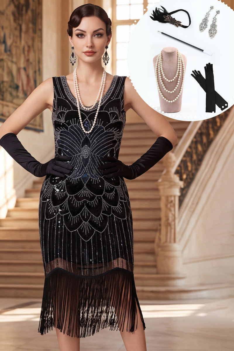Laden Sie das Bild in den Galerie-Viewer, Schwarzes, mit Perlen besetztes Bodycon V-Ausschnitt mit Fransen aus den 1920ern und 5-teiliger Accessoire-Set