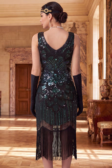 Schwarzes Perlen besetztes Bodycon V-Ausschnitt Fransen 20er Jahre Kleid mit 5-teiligen Accessoire-Set