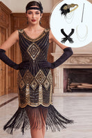Laden Sie das Bild in den Galerie-Viewer, Schwarzes, goldenes V-Ausschnitt-Pailletten-Dress, Bodycon 1920er-Jahre-Kleidung mit fünfteiligen Accessoires