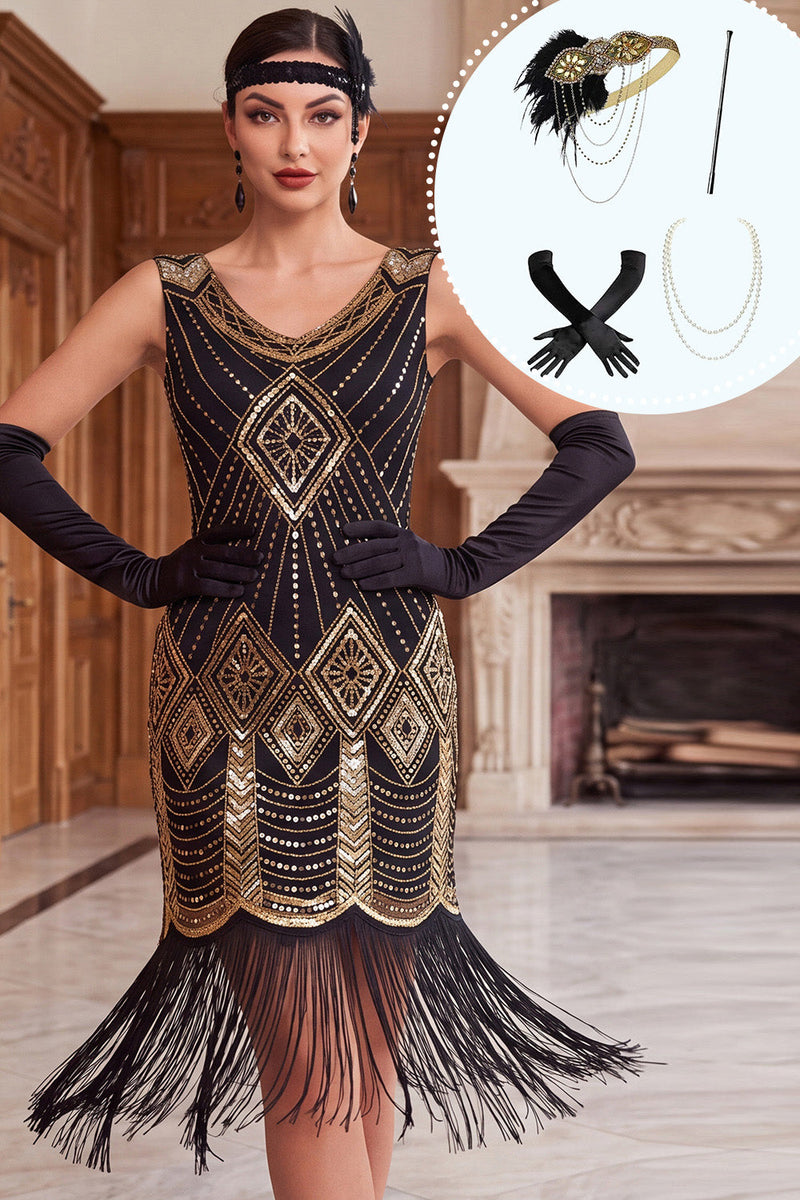 Laden Sie das Bild in den Galerie-Viewer, Schwarzes, goldenes V-Ausschnitt-Pailletten-Dress, Bodycon 1920er-Jahre-Kleidung mit fünfteiligen Accessoires