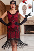 Laden Sie das Bild in den Galerie-Viewer, Schwarzes, rotes V-Ausschnitt-Pailletten-Bodycon-Kleid aus den 1920er Jahren mit fünfteiligen Accessoires