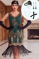 Laden Sie das Bild in den Galerie-Viewer, Grüne goldene Pailletten mit Fransen V-Ausschnitt Bodycon Midi-Kleid aus den 1920er Jahren mit vierteiligen Accessoires Set