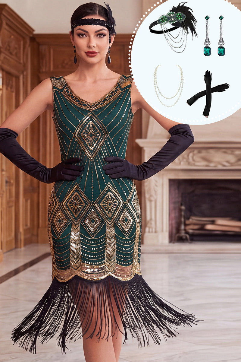 Laden Sie das Bild in den Galerie-Viewer, Grüne goldene Pailletten mit Fransen V-Ausschnitt Bodycon Midi-Kleid aus den 1920er Jahren mit vierteiligen Accessoires Set