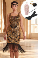 Laden Sie das Bild in den Galerie-Viewer, Schwarzes, goldenes V-Ausschnitt Bodycon Pailletten, fransiges Kleid aus den 1920er Jahren mit 5-teiligen Accessoires Set