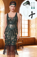 Laden Sie das Bild in den Galerie-Viewer, Dunkelgrünes Pailletten-Bodycon V-Ausschnitt Tüll-Fransen-Kleid aus den 1920er Jahren mit vierteiligem Accessoire-Set