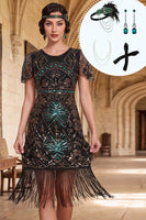 Laden Sie das Bild in den Galerie-Viewer, Schwarzgrünes, rundhalsiges Pailletten-Bodycon-Fransenkleid aus den 1920er Jahren mit vierteiligen Accessoires