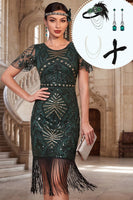 Laden Sie das Bild in den Galerie-Viewer, Bodycon Dunkelgrüne Pailletten, rundhalsiges Kleid aus den 1920er Jahren mit vierteiligen Accessoires-Set