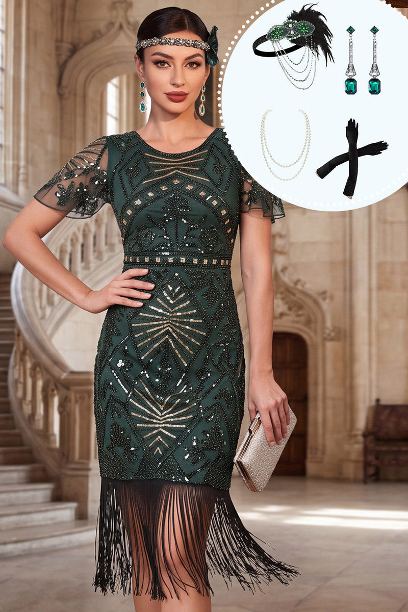 Laden Sie das Bild in den Galerie-Viewer, Bodycon Dunkelgrüne Pailletten, rundhalsiges Kleid aus den 1920er Jahren mit vierteiligen Accessoires-Set