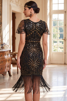 Schwarzes goldenes Bodycon Rundhals Pailletten 20er Jahre Kleid mit fünfteiligen Accessoires