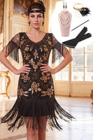 Laden Sie das Bild in den Galerie-Viewer, Schwarzes, goldenes Rundhals-Pailletten-Bodycon-Kleid aus den 1920er Jahren mit fünfteiligen Accessoires-Set
