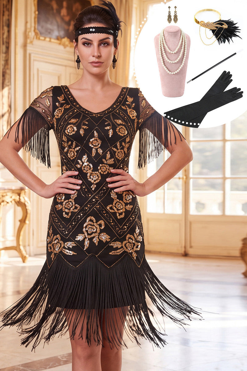 Laden Sie das Bild in den Galerie-Viewer, Schwarzes, goldenes Rundhals-Pailletten-Bodycon-Kleid aus den 1920er Jahren mit fünfteiligen Accessoires-Set