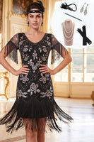 Laden Sie das Bild in den Galerie-Viewer, Schwarzes silberfarbenes, mit Pailletten besetztes Pailletten-Bodycon-Kleid aus den 1920er Jahren mit vierteiligem Accessoire-Set