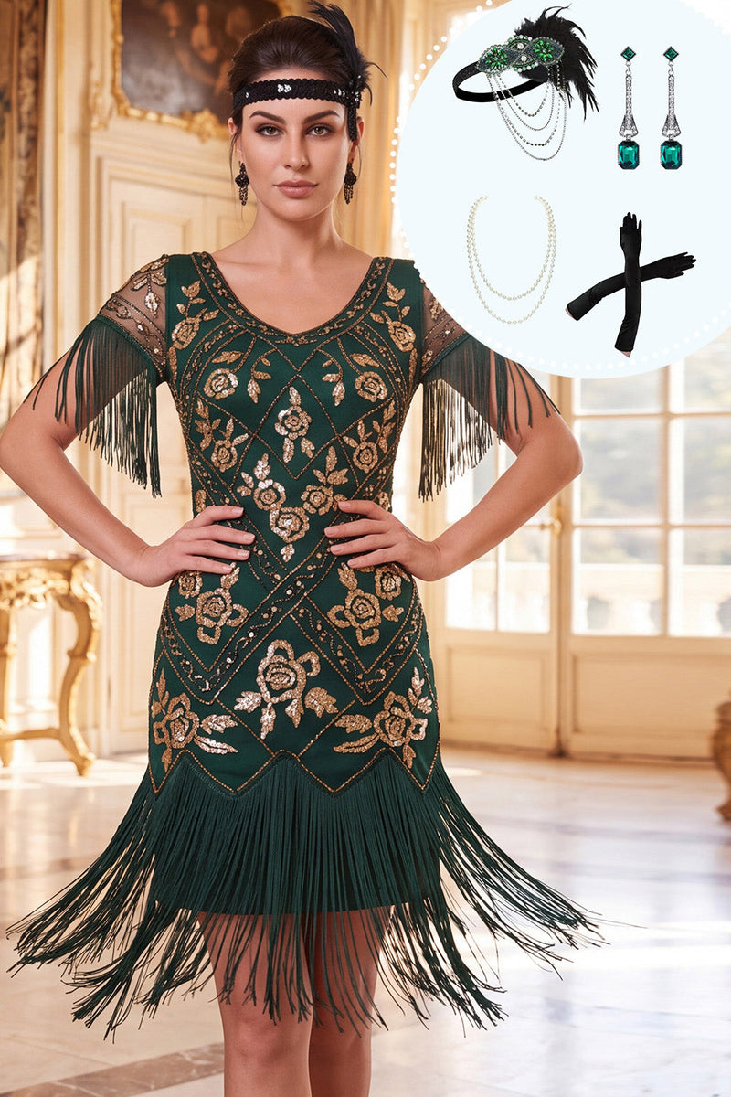 Laden Sie das Bild in den Galerie-Viewer, Grünes goldenes V-Necck-Pailletten-Fransen-Kleid aus den 1920er Jahren mit vierteiligem Accessoire-Set
