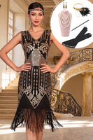 Laden Sie das Bild in den Galerie-Viewer, Schwarze, goldene Paillettenfransen V-Ausschnitt Bodycon Kleid aus den 1920er Jahren mit fünfteiligen Accessoires