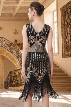 Schwarze goldene Pailletten Fransen V-Ausschnitt Bodycon 20er Jahre Kleid mit fünfteiligen Accessoires