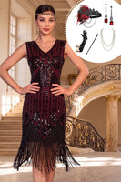 Laden Sie das Bild in den Galerie-Viewer, Schwarzes, rotes V-Ausschnitt-Pailletten-Bodycon-Fransen-Kleid aus den 1920er Jahren mit fünfteiligen Accessoires Set