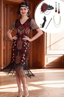 Laden Sie das Bild in den Galerie-Viewer, Schwarzes, rotes V-Ausschnitt-Pailletten-Bodycon-Kleid aus den 1920er Jahren mit fünfteiligen Accessoires