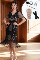 Laden Sie das Bild in den Galerie-Viewer, Schwarzes silbernes V-Ausschnitt-Bodycon-Pailletten-Fransen-Kleid aus den 1920er Jahren mit fünfteiligen Accessoires