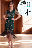 Laden Sie das Bild in den Galerie-Viewer, Dunkelgrünes V-Ausschnitt-Pailletten-Bodycon-Kleid der 1920er Jahre mit vierteiligen Accessoires