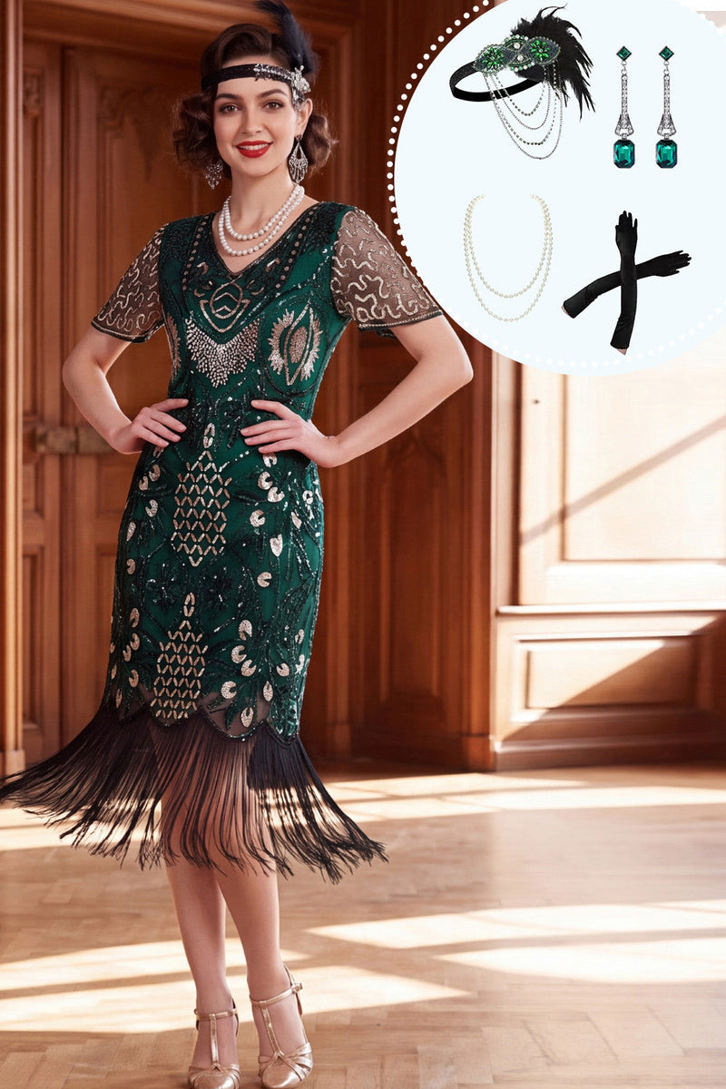 Laden Sie das Bild in den Galerie-Viewer, Dunkelgrünes V-Ausschnitt-Pailletten-Bodycon-Kleid der 1920er Jahre mit vierteiligen Accessoires