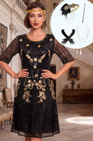 Laden Sie das Bild in den Galerie-Viewer, Schwarzes goldenes Pailletten-Pailletten-A-Linien-Halbärmelkleid aus den 1920ern mit vierteiligen Accessoires-Set