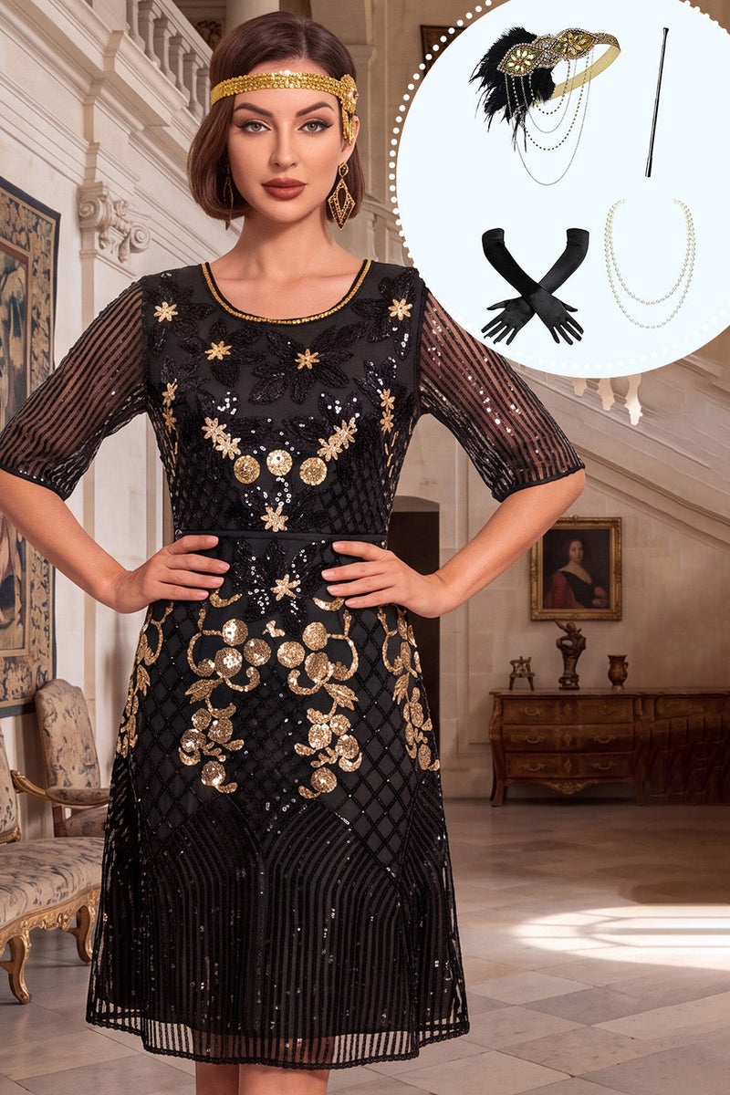 Laden Sie das Bild in den Galerie-Viewer, Schwarzes goldenes Pailletten-Pailletten-A-Linien-Halbärmelkleid aus den 1920ern mit vierteiligen Accessoires-Set