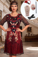 Laden Sie das Bild in den Galerie-Viewer, Schwarzes rotes Rundhals-Pailletten-A-Linie-Halbärmelkleid 1920er Jahre mit vierteiligen Accessoires-Set
