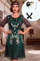 Laden Sie das Bild in den Galerie-Viewer, Dunkelgrünes Pailletten-Rundhals-Halbärmelkleid A-Linie 1920er Jahre mit vierteiligem Accessoire-Set